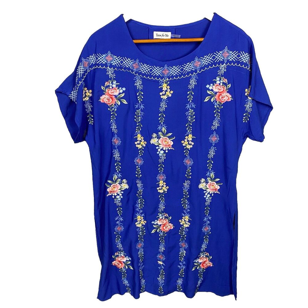 Time for Me Size‎ XL Women’s Embroidered Tunic Top Blue Floral Cottagecore